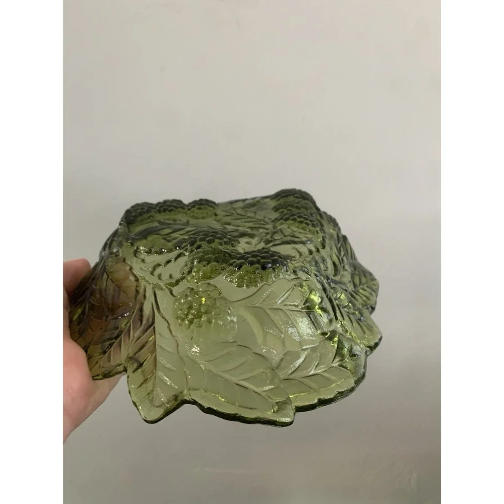 Vintage Indiana Glass Loganberry Candy Dish Avocado Green Berry Leaf Bowl